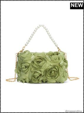 Chiffon 3D Floral Evening Clutch Pearl Beaded Top Handle Bag Wedding
